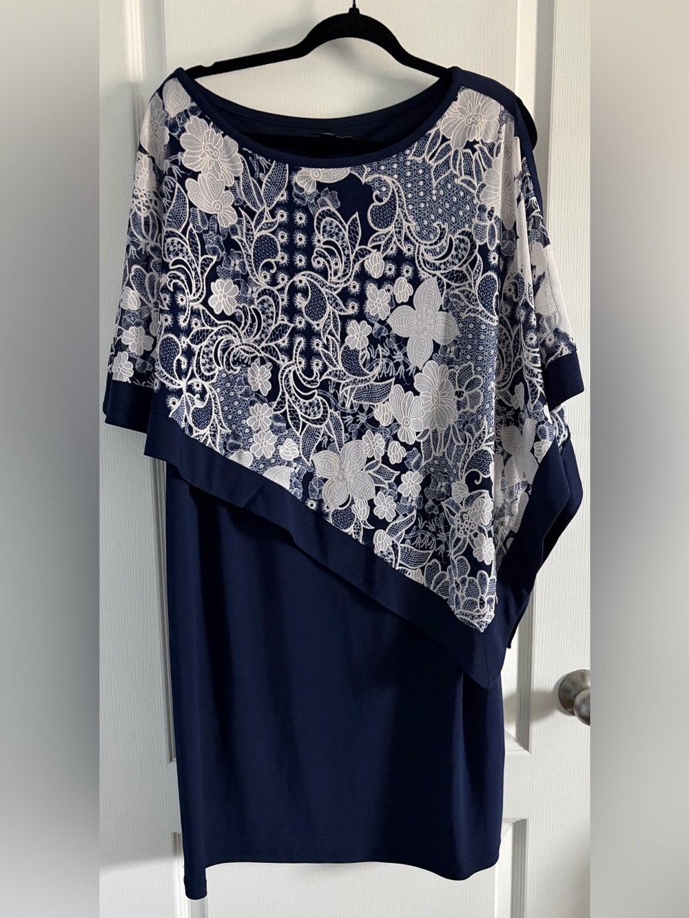 Classy R&M Richards Navy Dress with White Floral Lace Overlay, Asymmetrical